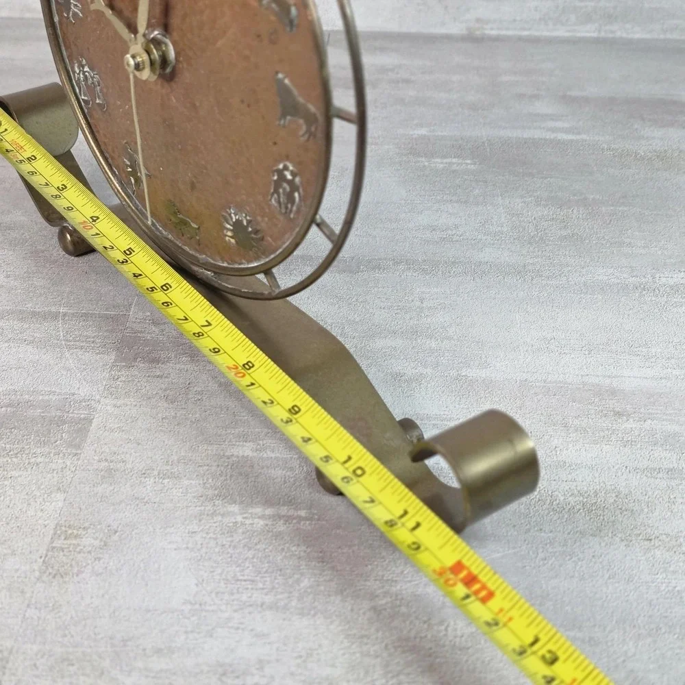 VTG Rare Art Deco Hammered Copper Zodiac Table Mantel Clock Brass Footed Works